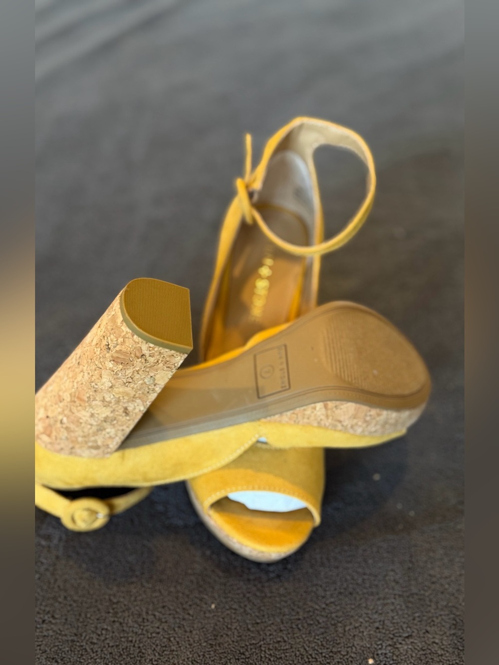 Sun + Stone Yellow Suede Cork Platform Heels - Picture 4 of 6